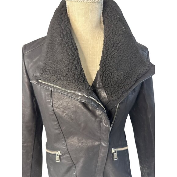 Baccini Womens Black Faux Leather Jacket W/ Faux Shearling Collar Zip Pockets M - Picture 6 of 14
